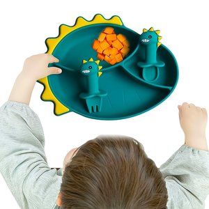 Silicone Feeding Set for Baby Green Dinosaur + Fork and Spoon